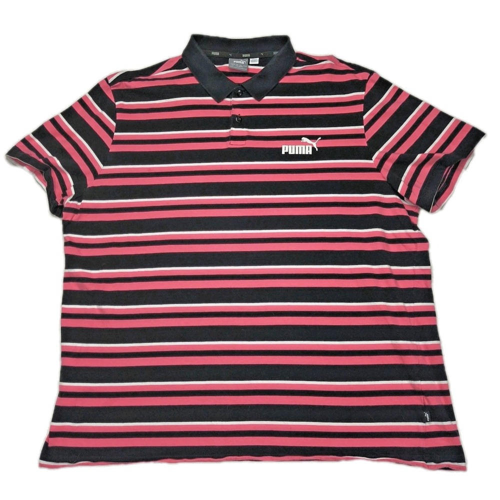 Puma Mens XXL Polo Shirt Black‎ Pink White Striped Short Sleeve Athletic Casual